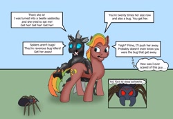 Size: 2414x1659 | Tagged: safe, artist:termyotter, derpibooru import, oc, oc:macrophage, oc:spectrum gear, changeling, earth pony, pony, spider, atg 2024, male, newbie artist training grounds, stallion