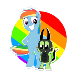 Size: 720x720 | Tagged: safe, artist:cooperthedoodlian, derpibooru import, rainbow dash, beetle, insect, pegasus, pony, g4, bipedal, doodland, duo, duo male and female, female, male, mantisgirl, my singing monsters, simple background, slapoda, standing, transparent background