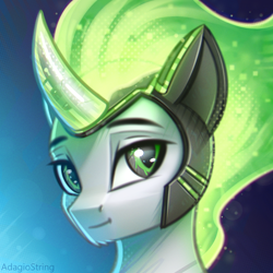 Size: 2000x2000 | Tagged: safe, artist:adagiostring, derpibooru import, oc, oc only, pony, amputee, bust, headshot commission, helmet, horn, light skin, looking at you, magic, male, male oc, plastic, portrait, prosthetic eye, prosthetics, solo, solo focus