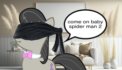 Size: 1699x980 | Tagged: safe, artist:epicheavytf2, artist:pyrogaming, derpibooru import, octavia melody, earth pony, pony, g4, absolutenutcase162, blindfold, bowtie, female, living room, looking at you, mare, meme, octavia's bowtie, real life background, shitposting, speech bubble, thinking