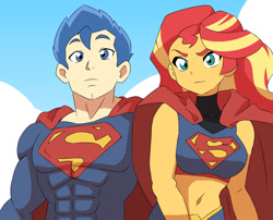 Size: 1280x1035 | Tagged: safe, artist:lirudraw, derpibooru import, flash sentry, sunset shimmer, equestria girls, g4, belly button, clothes, cosplay, costume, crossover, dc comics, female, flashimmer, male, midriff, my adventures with superman, shipping, straight, supergirl, superman