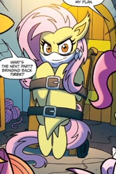 Size: 469x704 | Tagged: safe, derpibooru import, idw, fluttershy, bat pony, pony, bat ponified, cloth gag, comic, flutterbat, gag, hannibal lecter, race swap