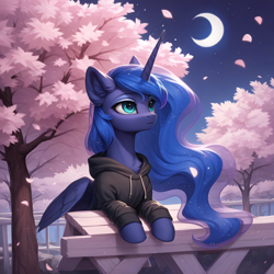 Size: 2048x2048 | Tagged: safe, ai content, derpibooru import, generator:stable diffusion, machine learning generated, princess luna, alicorn, pony, g4, cherry blossoms, chest fluff, clothes, ear fluff, ears, flower, flower blossom, generator:autismmix pony, hoodie, horn, moon, night, solo, wings