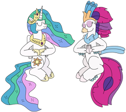 Size: 2380x2111 | Tagged: safe, artist:supahdonarudo, derpibooru import, princess celestia, queen novo, alicorn, classical hippogriff, hippogriff, atg 2024, duo, duo female, eyes closed, female, meditating, newbie artist training grounds, simple background, sitting, transparent background