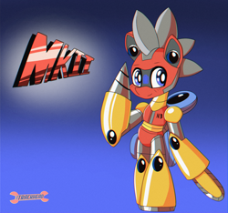 Size: 1600x1500 | Tagged: safe, artist:trackheadtherobopony, derpibooru import, oc, oc:trackhead, pony, robot, robot pony, semi-anthro, chainsaw, drill, logo, solo