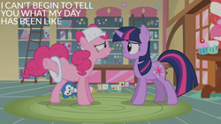 Size: 2000x1125 | Tagged: safe, derpibooru import, edit, edited screencap, editor:quoterific, screencap, pinkie pie, twilight sparkle, unicorn twilight, earth pony, unicorn, baby cakes, g4, caption, diaper, duo, duo female, female, text, toy