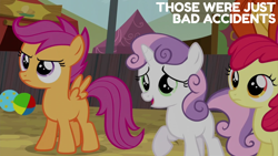 Size: 2000x1125 | Tagged: safe, derpibooru import, edit, edited screencap, editor:quoterific, screencap, apple bloom, scootaloo, sweetie belle, pony, appleoosa's most wanted, g4, season 5, cutie mark crusaders, female, filly, foal