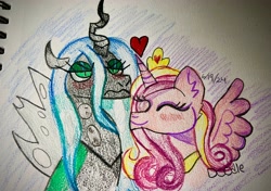 Size: 3863x2727 | Tagged: safe, artist:doodle-doodie-doo, derpibooru import, princess cadance, queen chrysalis, alicorn, changeling, changeling queen, pony, duo, duo female, eyes closed, female, heart, infidelity, lesbian, love, paper, queen chrysalis is not amused, ship:cadalis, shipping, smiling, traditional art, unamused