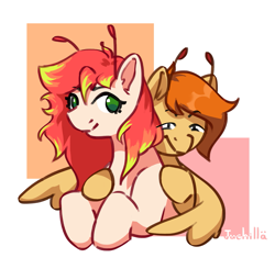 Size: 1467x1439 | Tagged: safe, artist:ju4111a, derpibooru import, oc, oc only, oc:chise, oc:svatya, pegasus, pony, antennae, duo, hug, hugging a pony, looking at each other, looking at someone, looking at you, pegasus oc, pegasus wings, raised hoof, raised leg, simple background, smiling, smiling at each other, smiling at you, two toned mane, winghug, wings