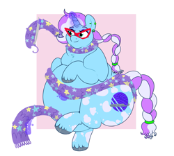 Size: 999x898 | Tagged: safe, artist:lulubell, derpibooru import, oc, oc only, oc:purl periwinkle, pony, unicorn, adorafatty, braid, braided ponytail, braided tail, clothes, crochet, fat, female, glasses, glowing, glowing horn, horn, levitation, magic, mare, obese, ponytail, scarf, smiling, solo, tail, telekinesis