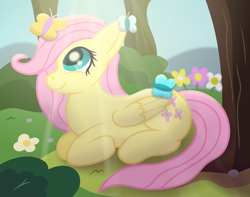 Size: 3500x2763 | Tagged: safe, artist:sweetielover, derpibooru import, fluttershy, butterfly, pegasus, pony, g4, atg 2024, bush, countryside, female, flower, folded wings, forest, happy, high res, nature, newbie artist training grounds, peaceful, rock, sitting, smiling, solo, sunlight, tree, wings