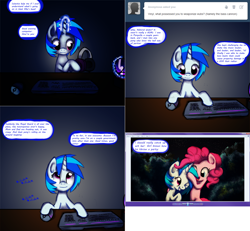 Size: 2562x2370 | Tagged: safe, artist:esuka, derpibooru import, dj pon-3, pinkie pie, vinyl scratch, pony, ask-canterlot-musicians, computer mouse, keyboard, magic