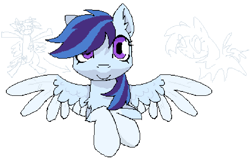 Size: 1004x633 | Tagged: safe, artist:fizzy cloud, derpibooru import, oc, oc only, oc:fizzy cloud, pegasus, pony, coat markings, colored wings, colored wingtips, digital art, female, looking at you, mare, pixel art, purple eyes, sketch, socks (coat marking), solo, spread wings, wings