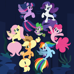 Size: 3000x3000 | Tagged: safe, artist:cloudy glow, derpibooru import, applejack, fluttershy, pinkie pie, rainbow dash, rarity, spike, twilight sparkle, twilight sparkle (alicorn), alicorn, dragon, earth pony, pegasus, sea dragon, sea pony, seapony (g4), unicorn, g4, my little pony: the movie, applejack's hat, bubble, clothes, cowboy hat, cute, dashabetes, diapinkes, dorsal fin, eyelashes, female, fin, fin wings, fins, fish tail, flowing mane, flowing tail, gem, happy, hat, horn, jackabetes, lidded eyes, male, mane seven, mane six, mare, movie accurate, ocean, open mouth, open smile, raribetes, scales, seaponified, seapony applejack, seapony fluttershy, seapony pinkie pie, seapony rarity, seapony twilight, seaquestria, seaweed, see-through, shyabetes, signature, smiling, species swap, spikabetes, spike the seadragon, spread wings, swimming, tail, twiabetes, underwater, water, wings