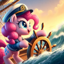 Size: 1024x1024 | Tagged: safe, ai content, derpibooru import, machine learning generated, pinkie pie, earth pony, pony, g4, female, hat, ocean, prompter:pinkiepiepics, sailor, ship, water