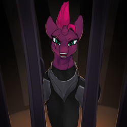 Size: 2160x2160 | Tagged: safe, artist:tenebrisnoctus, derpibooru import, tempest shadow, pony, unicorn, g4, my little pony: the movie, angry, atg 2024, bars, broken horn, cage, female, horn, looking at you, mare, narrowed eyes, newbie artist training grounds, open mouth, scowl, solo