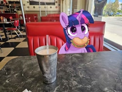 Size: 2048x1536 | Tagged: safe, artist:pabbley, derpibooru import, edit, twilight sparkle, unicorn twilight, pony, unicorn, g4, blush lines, blushing, booth, burger, cute, date, diner, drink, female, food, hay burger, heart, horn, irl, looking at you, mare, milkshake, mouth hold, nom, photo, ponies in real life, restaurant, solo, table, that pony sure does love burgers, twiabetes, twilight burgkle, wide eyes