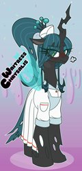 Size: 3680x7680 | Tagged: safe, artist:niggerdrawfag, derpibooru import, queen chrysalis, changeling, changeling queen, blush lines, blushing, clothes, cute, female, gradient background, queen chrysalis is not amused, solo, unamused, waitress