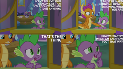 Size: 2000x1125 | Tagged: safe, derpibooru import, edit, edited screencap, editor:quoterific, screencap, smolder, spike, dragon, father knows beast, g4, season 8, caption, dragoness, duo, duo male and female, female, male, spike's room, text, twilight's castle