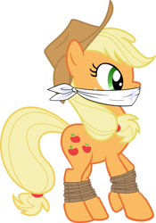 Size: 786x1125 | Tagged: safe, derpibooru import, edit, applejack, earth pony, pony, 1000 years in photoshop, cloth gag, gag, kidnapped, simple background, solo, white background