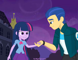 Size: 828x639 | Tagged: safe, artist:nightglowfan, flash sentry, twilight sparkle, human, equestria girls, female, flashlight, male, shipping, straight