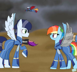 Size: 827x776 | Tagged: safe, artist:rai2n, rainbow dash, soarin', pegasus, pony, apocalypse dash, crystal war timeline, female, male, mare, shipping, soarindash, stallion, straight