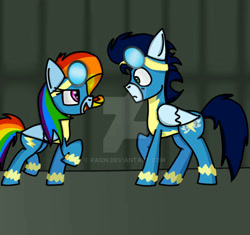 Size: 827x776 | Tagged: safe, artist:rai2n, rainbow dash, soarin', pegasus, pony, female, male, mare, rainbow fash, shipping, soarindash, stallion, wonderbolts uniform