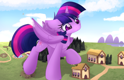 Size: 6600x4272 | Tagged: safe, artist:lbrcloud, derpibooru import, twilight sparkle, twilight sparkle (alicorn), alicorn, pony, g4, absurd resolution, chest fluff, commission, destruction, female, giant pony, giantess, macro, mare, solo, twizilla