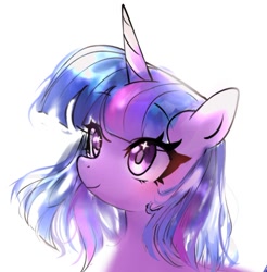 Size: 1328x1349 | Tagged: safe, artist:petaltwinkle, derpibooru import, twilight sparkle, unicorn twilight, pony, unicorn, g4, alternate hairstyle, bangs, bust, colored sketch, cute, eye clipping through hair, eyebrows, eyebrows visible through hair, eyelashes, horn, long horn, multicolored mane, portrait, purple coat, purple eyes, shiny mane, simple background, sketch, smiling, solo, sparkly eyes, thick eyelashes, three toned mane, tri-color mane, tri-colored mane, tricolor mane, tricolored mane, twiabetes, unicorn horn, white background, wingding eyes