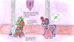 Size: 1800x1013 | Tagged: safe, artist:fleximusprime, derpibooru import, starlight glimmer, trixie, unicorn, g4, anger magic, armor, atg 2024, duo, duo female, female, horn, magic, newbie artist training grounds