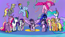 Size: 1920x1080 | Tagged: safe, artist:parronist, derpibooru import, applejack, derpy hooves, fluttershy, pinkie pie, princess cadance, princess celestia, princess flurry heart, princess luna, rainbow dash, rarity, shining armor, spike, starlight glimmer, twilight sparkle, twilight sparkle (alicorn), alicorn, dragon, earth pony, pegasus, pony, unicorn, g4, 2020, confetti, female, horn, male, mane seven, mane six, mare, mlp fim's tenth anniversary, royal sisters, siblings, sisters, spread wings, stallion, streamers, wings