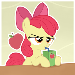 Size: 2048x2048 | Tagged: safe, ai content, derpibooru import, machine learning assisted, apple bloom, earth pony, pony, abstract background, apple, apple bloom's bow, apple juice, bow, female, filly, foal, food, hair bow, juice, outline, show accurate, sipping, straw, table, white outline