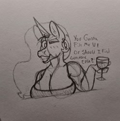 Size: 2191x2211 | Tagged: safe, artist:drheartdoodles, derpibooru import, princess celestia, anthro, breasts, cup, flirting, glass, jewelry, one eye closed, smiling, solo, traditional art, wine glass, wink