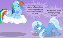 Size: 2000x1200 | Tagged: safe, artist:nitei, derpibooru import, rainbow dash, trixie, pegasus, pony, unicorn, g4, angry, atg 2024, cloud, crouching, dialogue, duo, duo female, eyes closed, female, giggling, gradient background, grin, horn, looking up, mare, newbie artist training grounds, on a cloud, open mouth, pointing, rage, sitting, sitting on cloud, smiling, text, yelling