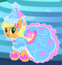 Size: 483x507 | Tagged: safe, derpibooru import, applejack, earth pony, pony, applejack also dresses in style, beautiful, bow, clothes, dress, flower, flower in hair, froufrou glittery lacy outfit, happy, hat, hennin, jewelry, necklace, pretty, princess, princess applejack, smiling, solo