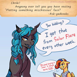 Size: 2166x2166 | Tagged: safe, artist:overlordneon, derpibooru import, oc, oc only, oc:chriki, oc:solar flare, changeling, changeling queen, pegasus, pony, adopted offspring, armor, ask, blue background, changeling oc, changeling queen oc, dialogue, duo, duo female, ears, female, floppy ears, gritted teeth, lidded eyes, magical gay spawn, mare, offspring, parent:flash sentry, parent:queen chrysalis, parent:sunburst, parent:unknown, parent:zecora, parents:flashburst, simple background, speech bubble, talking to viewer, teeth, tumblr