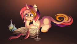 Size: 2900x1655 | Tagged: safe, artist:madelinne, derpibooru import, oc, oc only, oc:ilona, book, bookmark, candle, gradient background, lying down, quill, reading, solo