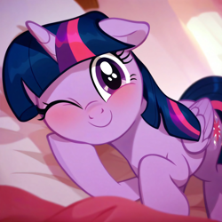 Size: 4096x4096 | Tagged: safe, ai content, derpibooru import, generator:purplesmart.ai, generator:stable diffusion, machine learning generated, twilight sparkle, twilight sparkle (alicorn), alicorn, g4, bed, blushing, cute, female, looking at you, mare, meme, on bed, one eye closed, show accurate, smiling, solo, twiabetes, what are we gonna do on the bed?, wink, winking at you