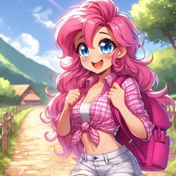 Size: 1024x1024 | Tagged: safe, ai content, derpibooru import, generator:dall-e 3, machine learning generated, pinkie pie, human, g4, anime, backpack, blushing, clothes, cute, denim, denim shorts, diapinkes, dirt road, female, front knot midriff, generator:copilot, humanized, looking at you, midriff, nature, outdoors, shirt, shorts, smiling, smiling at you, solo