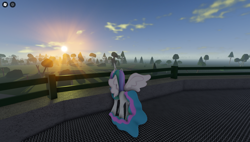 Size: 1858x1057 | Tagged: safe, derpibooru import, princess celestia, alicorn, pony, 3d, cloud, female, game screencap, platform, railing, roblox, sky, solo, sun, sunrise, tree, twisted (game)