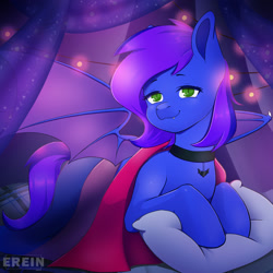 Size: 2000x2000 | Tagged: safe, alternate version, artist:erein, derpibooru import, oc, oc only, oc:nightstaroc, bat pony, pony, alternate character, bat pony oc, bat wings, bedroom, bisexual, bisexual pride flag, choker, colored wings, commission, ears up, fangs, female, flag, garland, green eyes, high res, indoors, jewelry, lgbt, looking at you, multicolored hair, multicolored tail, necklace, night, pillow, pride, pride flag, pride month, room, smiling, smiling at you, solo, string lights, tail, wings, ych result