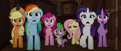 Size: 1920x804 | Tagged: safe, derpibooru import, screencap, applejack, fluttershy, pinkie pie, rainbow dash, rarity, spike, twilight sparkle, twilight sparkle (alicorn), alicorn, dragon, earth pony, pegasus, pony, unicorn, g4, my little pony: the movie, female, horn, male, mane seven, mane six