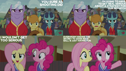 Size: 2000x1125 | Tagged: safe, derpibooru import, edit, edited screencap, editor:quoterific, screencap, bandana baldwin, big bell, bonnie rose, braeburn, coco crusoe, dark moon, eye black, fluttershy, graphite, high stakes, jade spade, lucky clover, pinkie pie, slapshot, buckball season, g4, banana pudding, blue saddles, buckwheat (g4), claviharp, doctor crushing, plateau sands