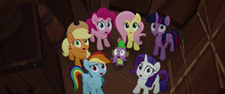 Size: 1920x804 | Tagged: safe, derpibooru import, screencap, applejack, fluttershy, pinkie pie, rainbow dash, rarity, spike, twilight sparkle, alicorn, dragon, earth pony, pegasus, pony, unicorn, g4, my little pony: the movie, female, horn, male, mane seven, mane six