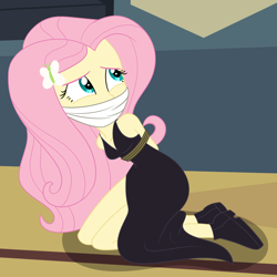 Size: 2000x2000 | Tagged: safe, artist:nie-martw-sie-o-mnie, derpibooru import, part of a set, fluttershy, human, equestria girls, g4, scare master, ankle boots, black dress, bondage, bound and gagged, butterfly hairpin, cloth gag, clothes, costume, dress, female, femsub, fluttersub, gag, halloween, halloween costume, kneeling, looking up, rope, rope bondage, solo, submissive