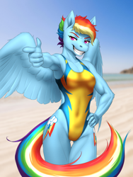 Size: 4500x6000 | Tagged: safe, artist:mykegreywolf, derpibooru import, rainbow dash, anthro, pegasus, absurd resolution, alternate hairstyle, beach, biceps, both cutie marks, breasts, clothes, female, finger gun, grin, hand on hip, high res, high-cut clothing, legs together, muscles, ocean, one-piece swimsuit, pointing, quadriceps, rainbuff dash, reasonably sized breasts, short hair rainbow dash, smiling, solo, swimsuit, thigh gap, thighs, water, wings