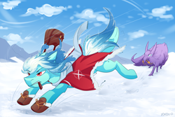 Size: 3000x2000 | Tagged: safe, artist:z0ri0n, derpibooru import, north star, oc, oc only, earth pony, griffon, pony, medicine, running, snow