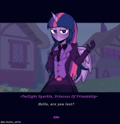 Size: 1982x2048 | Tagged: safe, artist:eltrash_art6, derpibooru import, twilight sparkle, demon, human, alicorn humanization, bedroom eyes, belt, blushing, clothes, cosplay, costume, crossover, female, gloves, grin, helltaker, horn, horned humanization, humanized, necktie, pants, pony coloring, shirt, smiling, solo, suit, winged humanization, wings