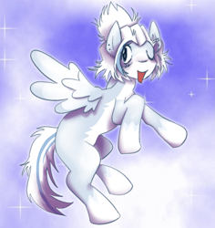 Size: 1499x1591 | Tagged: safe, artist:xxmudkipxx, derpibooru import, oc, oc only, pegasus, pony, blue sky, gray coat, one eye closed, open mouth, open smile, pegasus oc, sky, smiling, solo