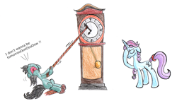 Size: 1950x1119 | Tagged: safe, artist:fleximusprime, derpibooru import, unicorn, atg 2024, clock, duo, facehoof, female, filly, foal, grandfather clock, horn, mare, newbie artist training grounds, rope, simple background, white background